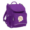 Harlequin Mighty School Backpack in purple front side angle displaying carry handle, padded shoulder straps, top zipper compartment, front zipper pocket and mesh water bottle holder with personalised design