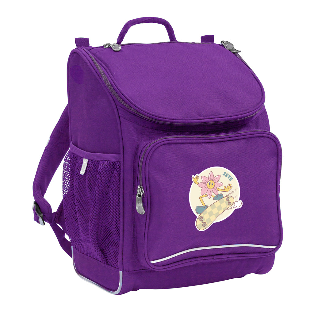 Harlequin Mighty School Backpack in purple front side angle displaying carry handle, padded shoulder straps, top zipper compartment, front zipper pocket and mesh water bottle holder with personalised design