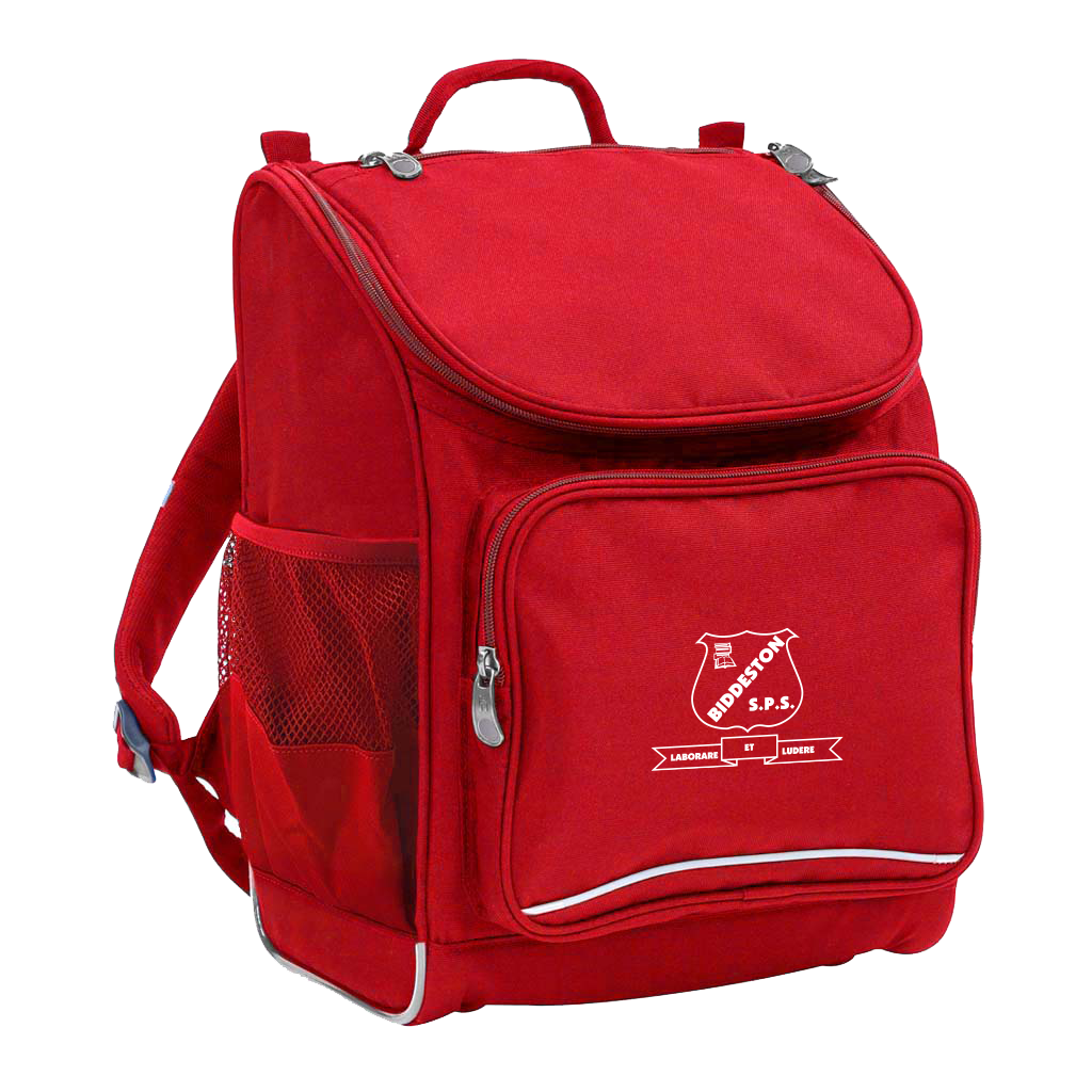 Mighty backpack in colour Red, front side angle displaying carry handle, padded shoulder straps, top zipper compartment, front zipper pocket and mesh water bottle holder with Biddeston State School logo