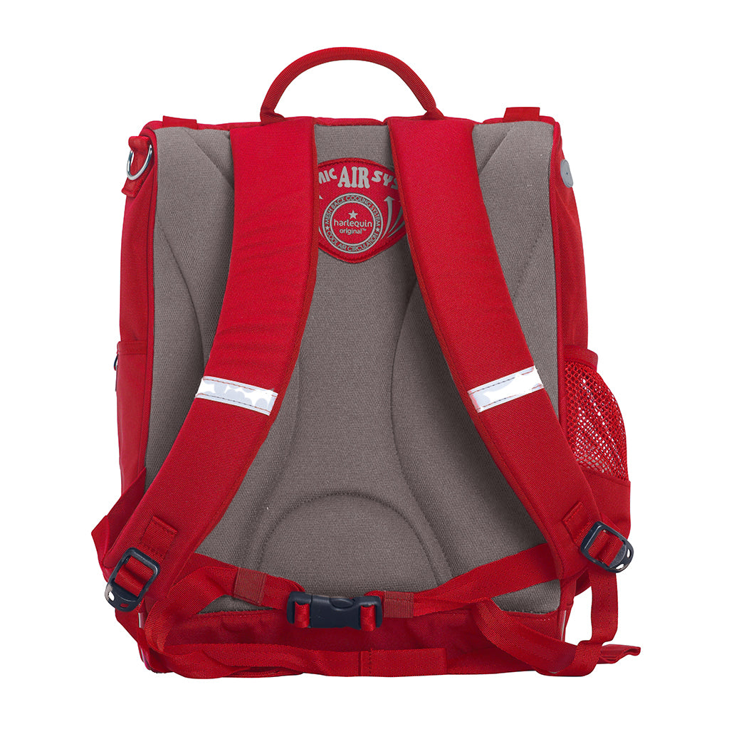Harlequin Mighty backpack in red back angle displaying carry handle, padded shoulder straps, padded back support and mesh water bottle holder
