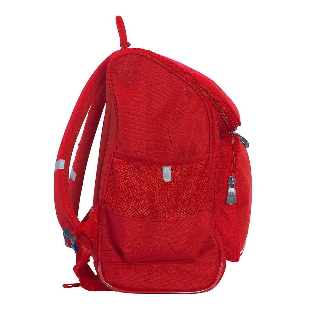 Harlequin Mighty in red side angle displaying carry handle, padded shoulder straps, top zipper compartment, front zipper pocket, and mesh water bottle holder