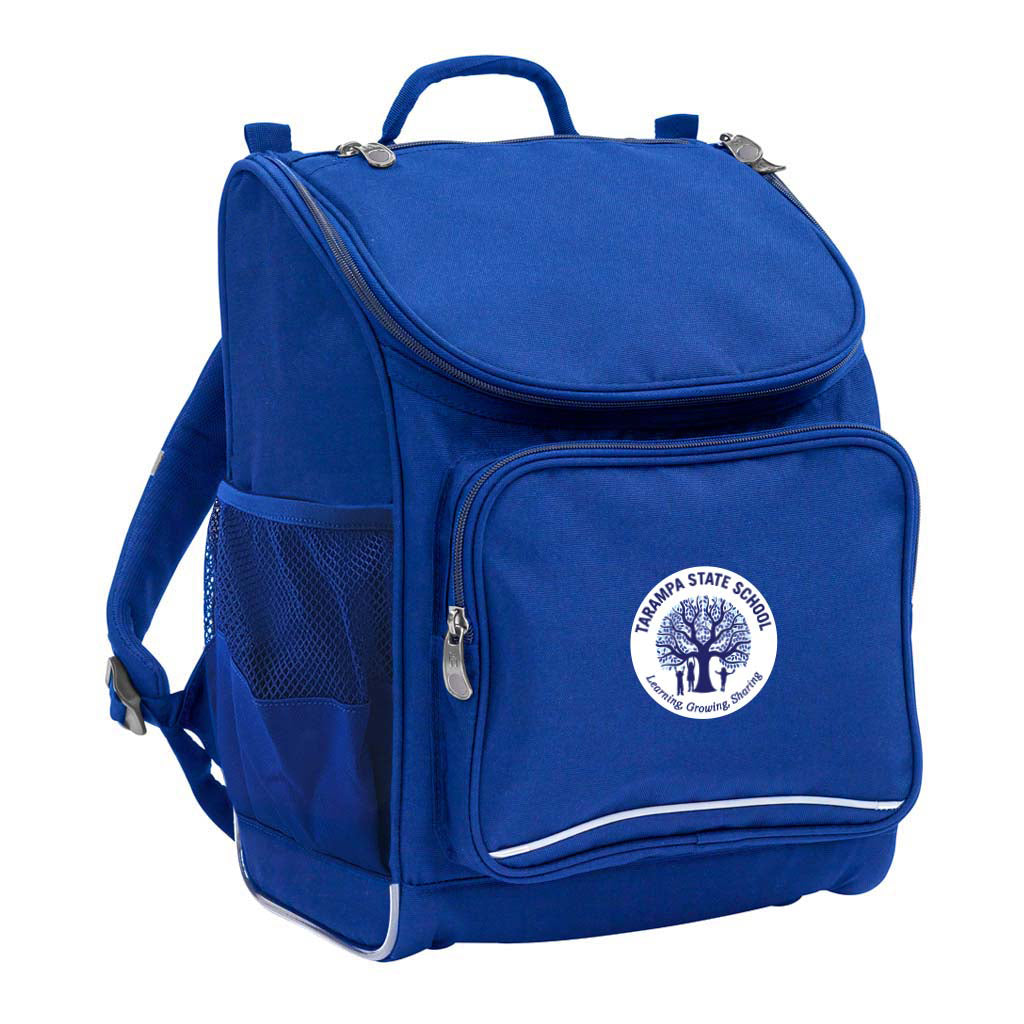 Mighty backpack in colour Royal, front side angle displaying carry handle, padded shoulder straps, top zipper compartment, front zipper pocket and mesh water bottle holder with Tarampa State School logo