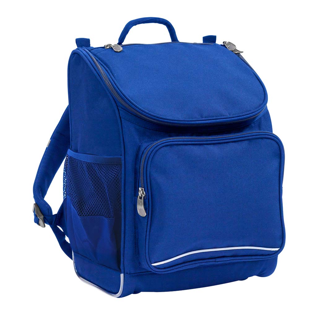 Harlequin Mighty in royal blue front side angle displaying carry handle, padded shoulder straps, top zipper compartment, front zipper pocket and mesh water bottle holder