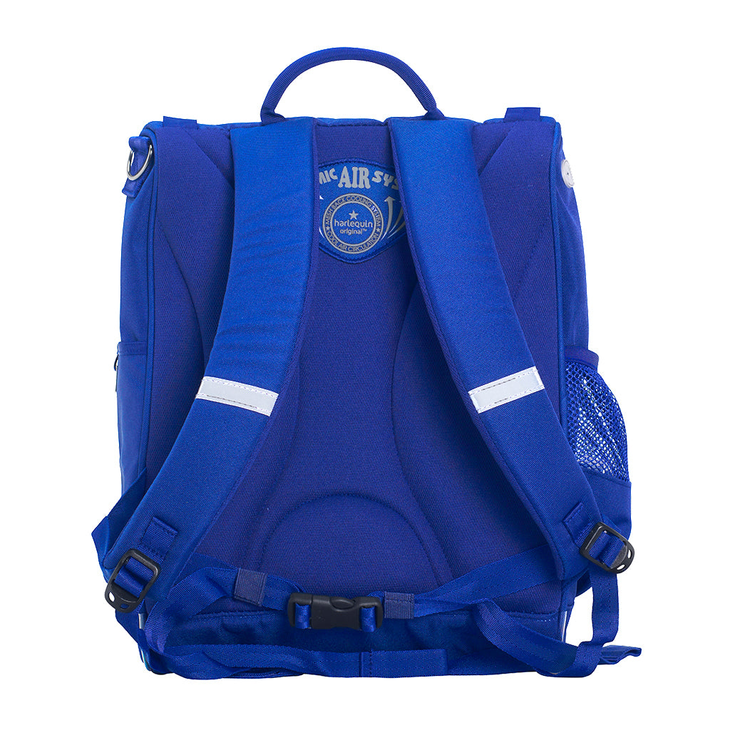 Harlequin Mighty backpack in royal back angle displaying carry handle, padded shoulder straps, padded back support and mesh water bottle holder