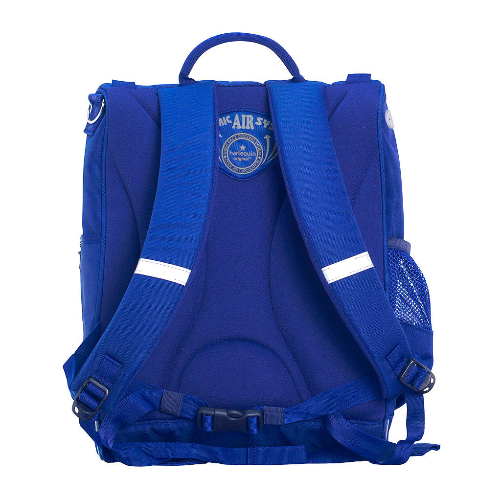 Harlequin Mighty in royal blue back angle displaying carry handle, padded shoulder straps, padded back support and mesh water bottle holder