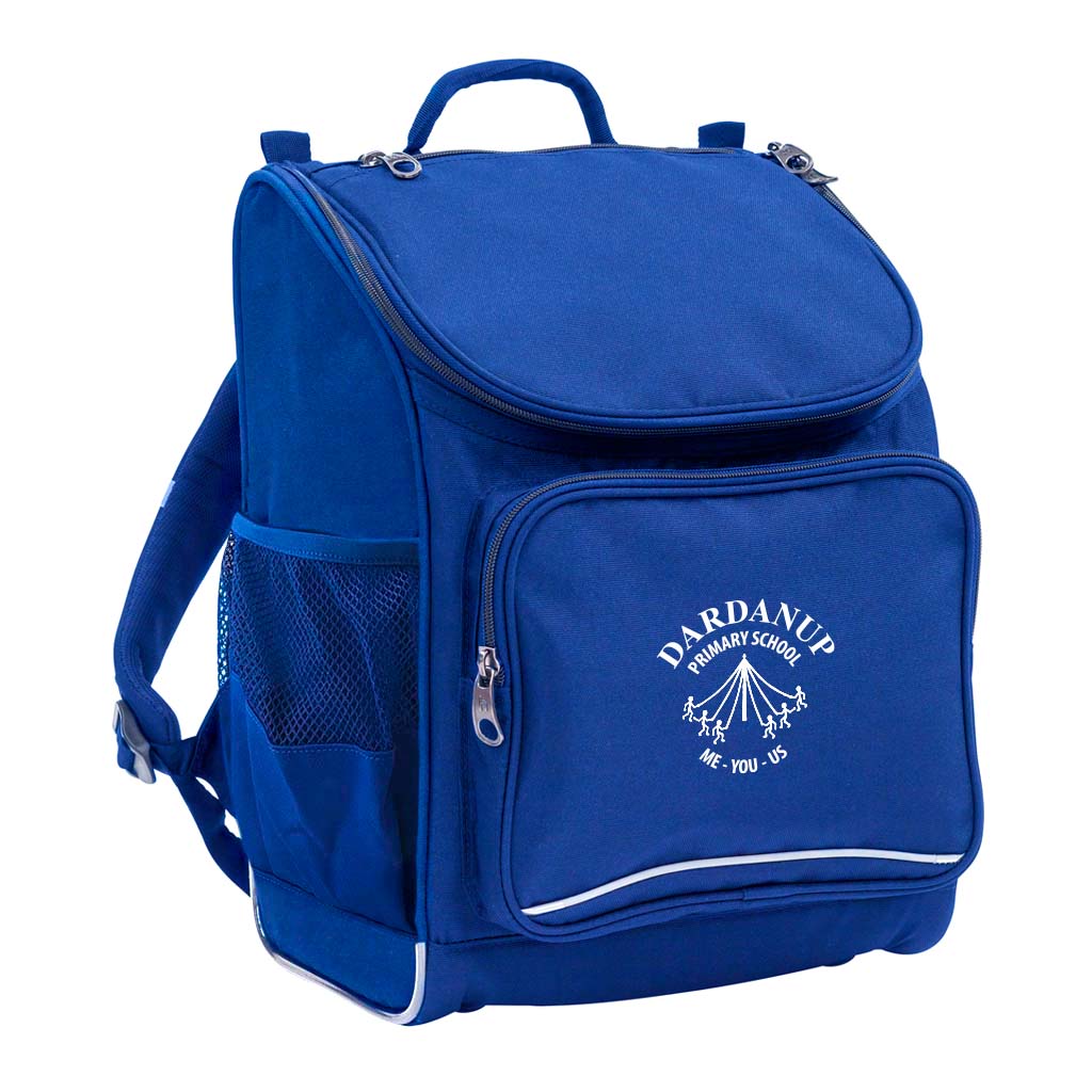 Mighty backpack in colour Royal, front side angle displaying carry handle, padded shoulder straps, top zipper compartment, front zipper pocket and mesh water bottle holder with Dardanup Primary School logo