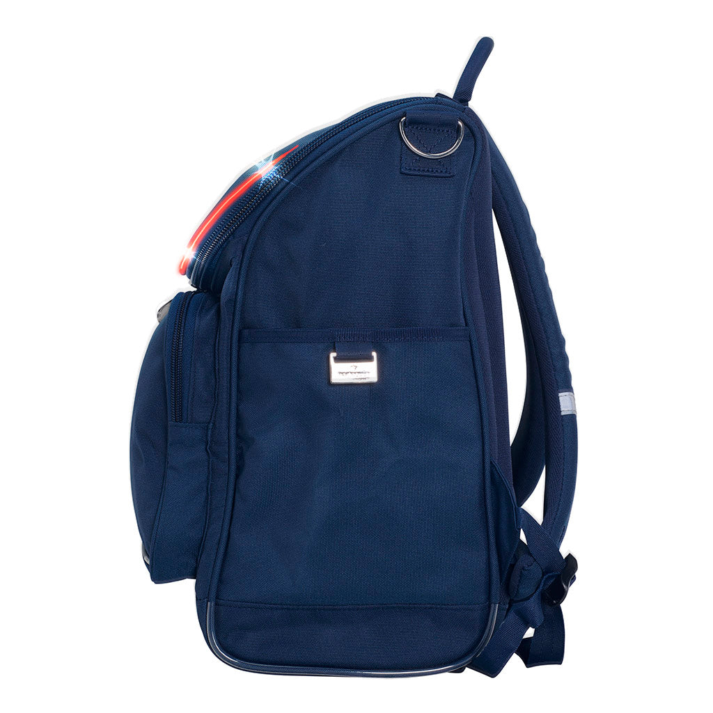 Harlequin VIVID Mighty in Navy side angle displaying carry handle, padded shoulder straps, top zipper compartment with flashing LED, front zipper pocket, D-Ring and water bottle holder