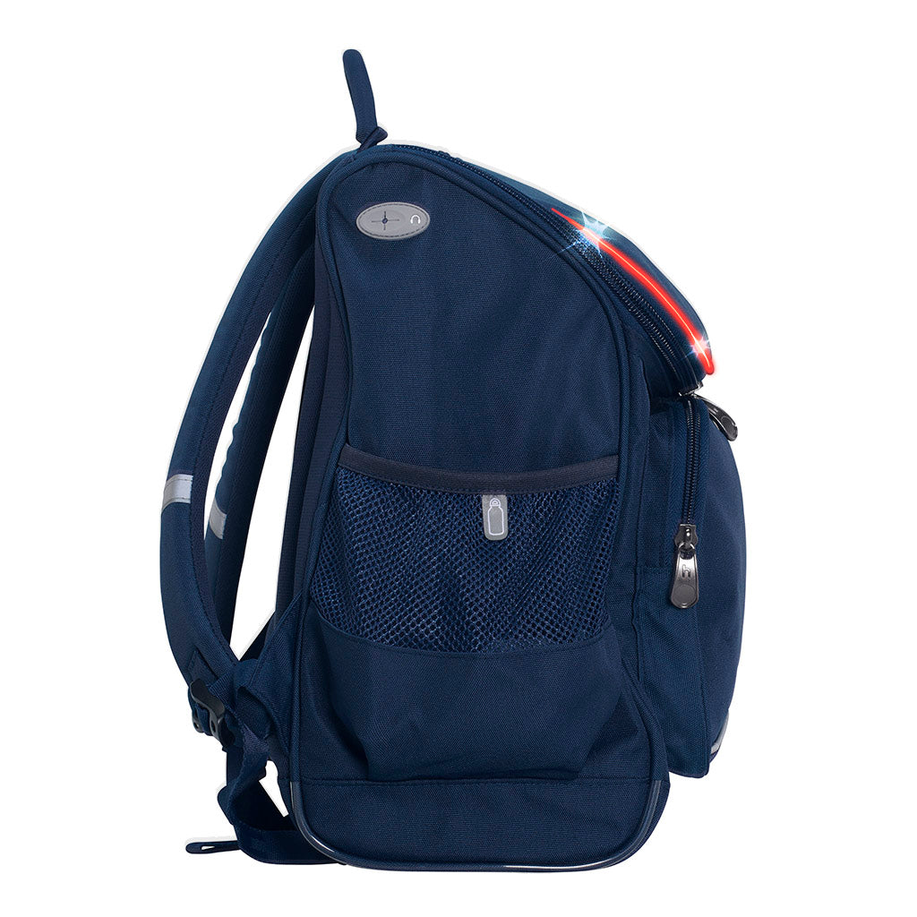 Harlequin VIVID Mighty in Navy side angle displaying carry handle, padded shoulder straps, top zipper compartment with flashing LED, front zipper pocket, headphone port and mesh water bottle holder