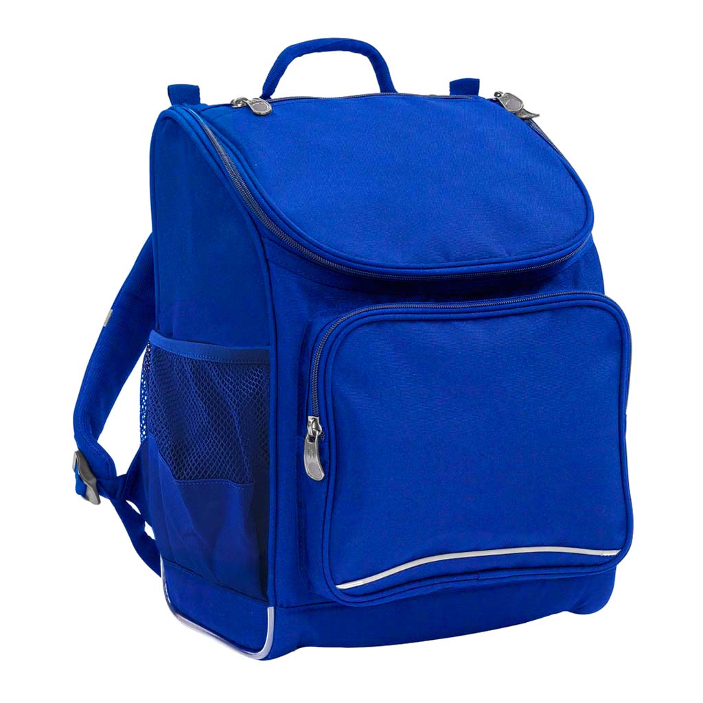 Harlequin Mighty Prep in royal blue front side angle displaying carry handle, padded shoulder straps, top zipper compartment, front zipper pocket and mesh water bottle holder