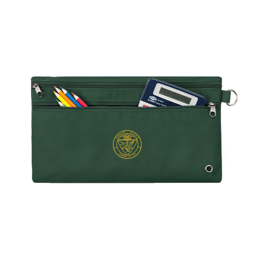 Harlequin green pencil case front angle displaying two zip compartments and D-ring with Mount Kilcoy State School logo