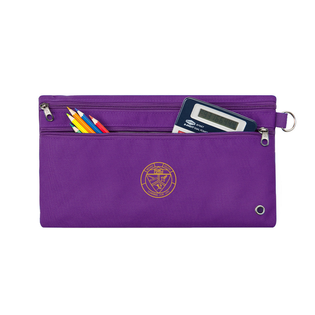 Harlequin purple pencil case front angle displaying two zip compartments and D-ring with Mount Kilcoy State School logo