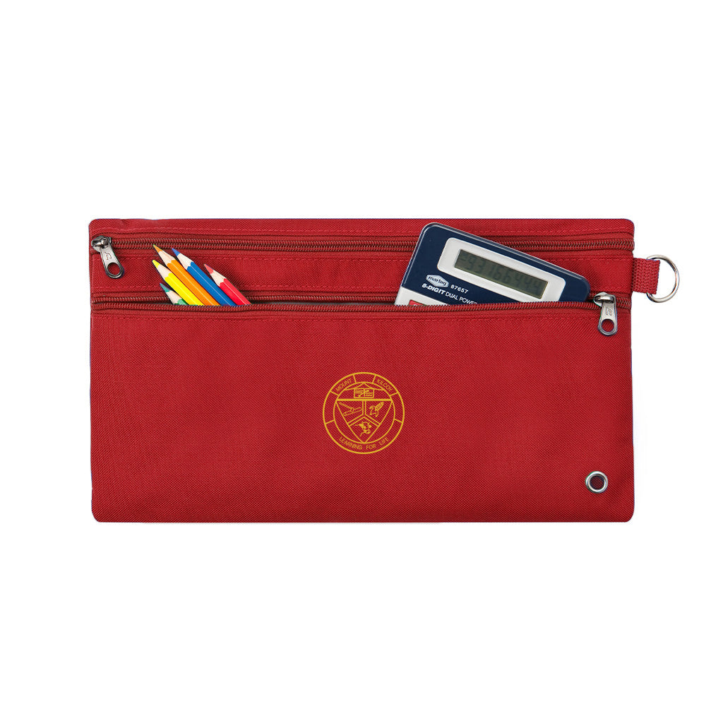 Harlequin red pencil case front angle displaying two zip compartments and D-ring with Mount Kilcoy State School logo