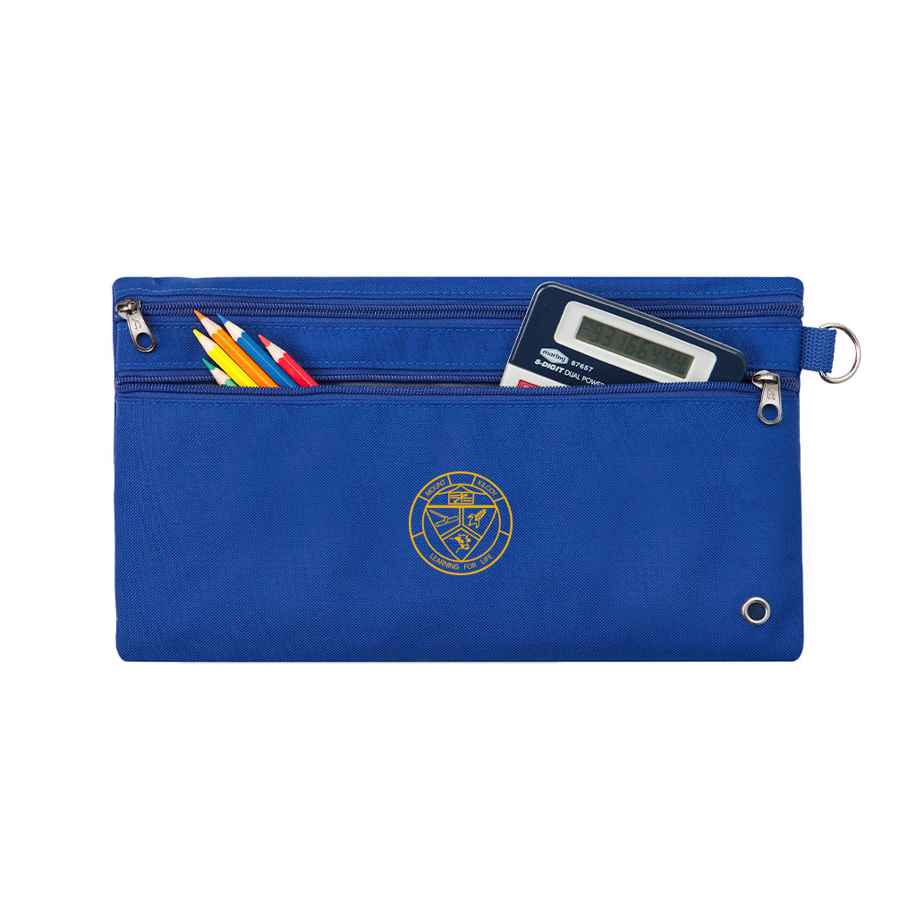Harlequin Royal pencil case front angle displaying two zip compartments and D-ring with Chelona Sate School logo in white