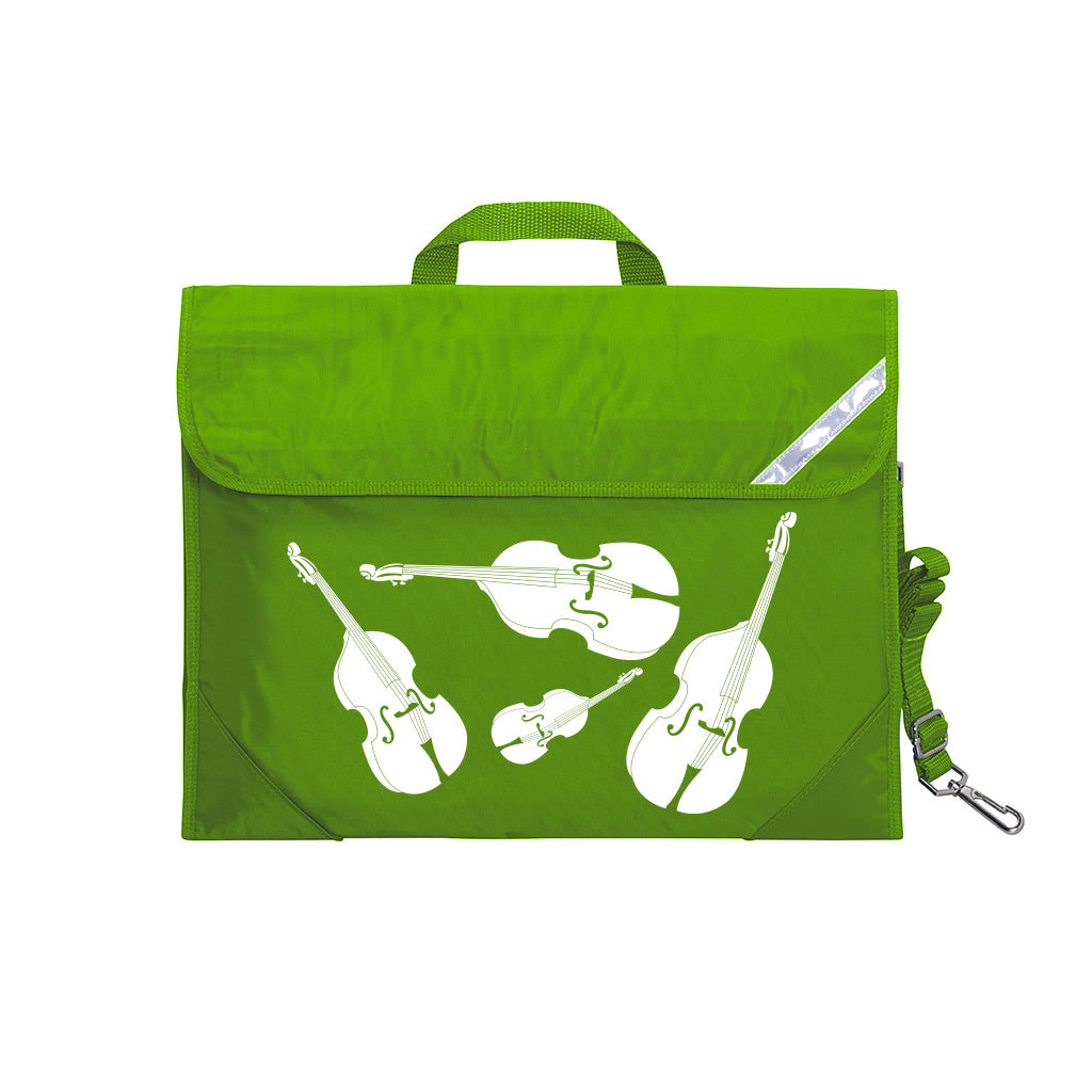 Harlequin Quartet String Music bag in Apple Green displaying carry handle, velcro opening, shoulder strap, reflector safety strip, reinforced corners, pre-printed with a String motif