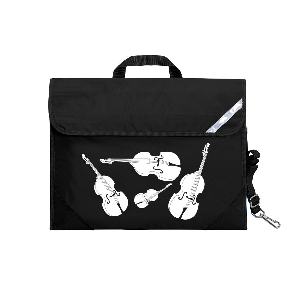 Harlequin Quartet String Music bag in black displaying carry handle, velcro opening, shoulder strap, reflector safety strip, reinforced corners, pre-printed with a String motif