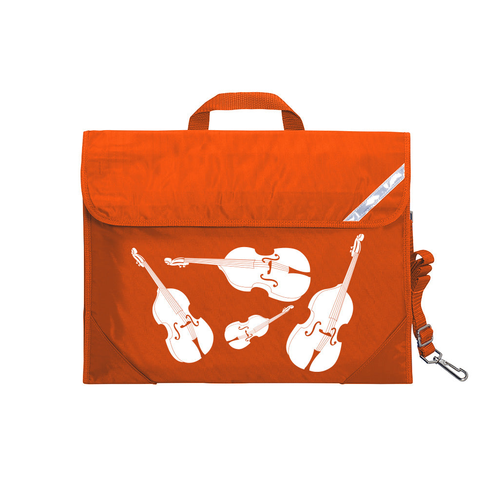 Harlequin Quartet String Music bag in Orange displaying carry handle, velcro opening, shoulder strap, reflector safety strip, reinforced corners, pre-printed with a String motif