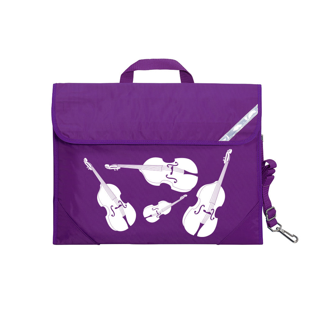 Harlequin Quartet String Music bag in Purple displaying carry handle, velcro opening, shoulder strap, reflector safety strip, reinforced corners, pre-printed with a String motif