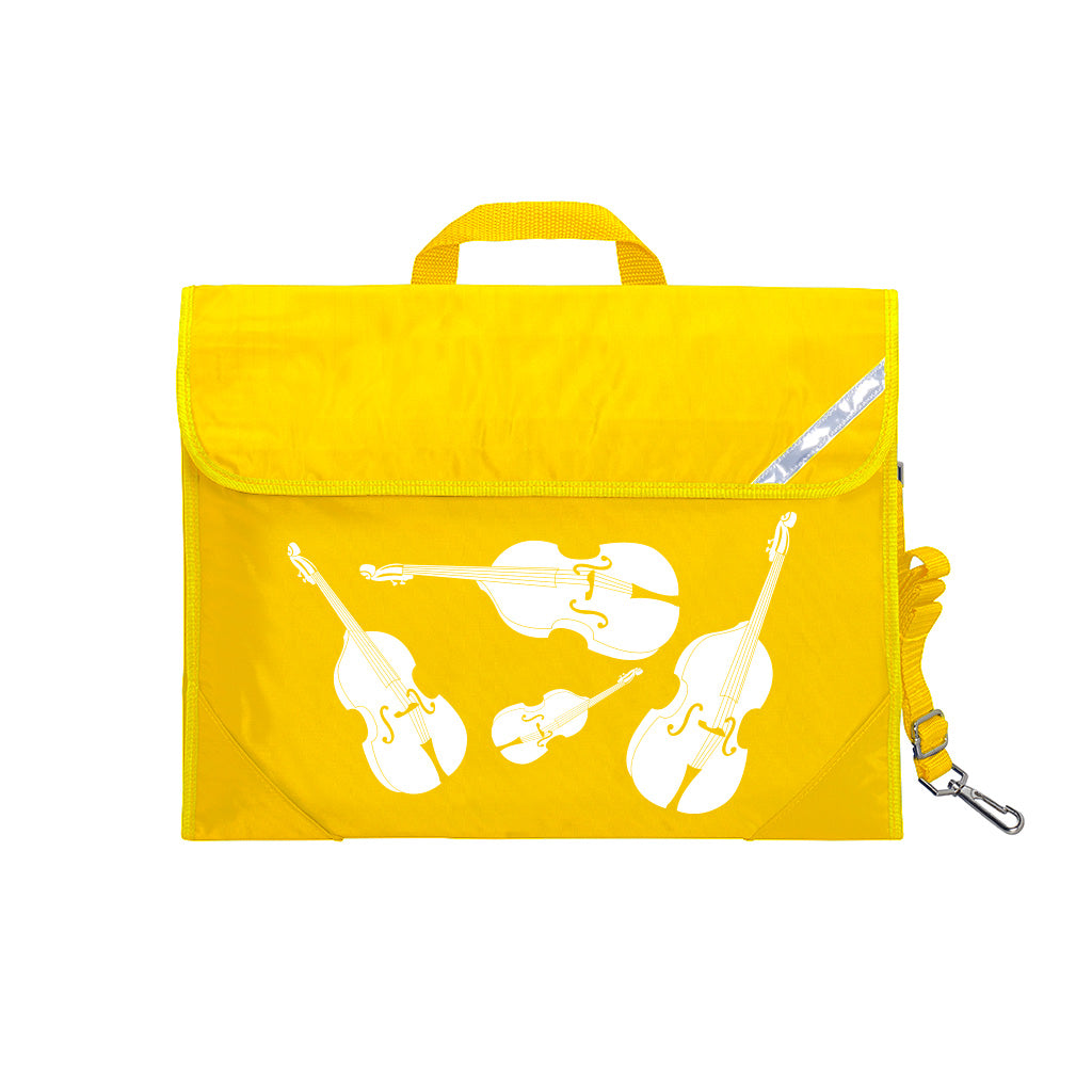 Harlequin Quartet String Music bag in Yellow displaying carry handle, velcro opening, shoulder strap, reflector safety strip, reinforced corners, pre-printed with a String motif
