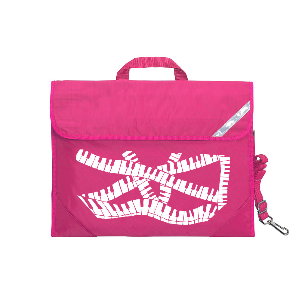 Harlequin Quartet Keyboard Music bag in Hot pink displaying carry handle, velcro opening, shoulder strap, reflector safety strip, reinforced corners, pre-printed with a Keyboard motif