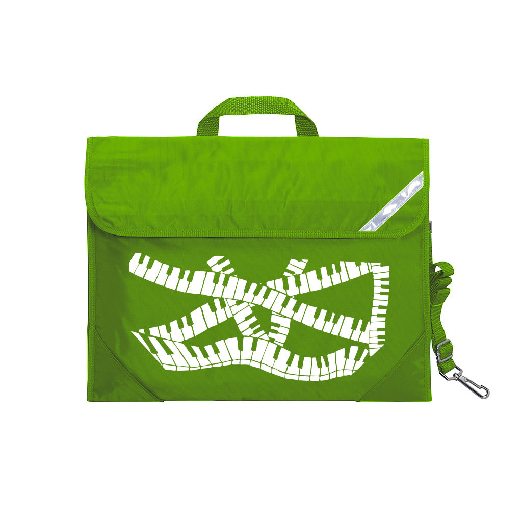 Harlequin Quartet Keyboard Music bag in Apple Green displaying carry handle, velcro opening, shoulder strap, reflector safety strip, reinforced corners, pre-printed with a Keyboard motif