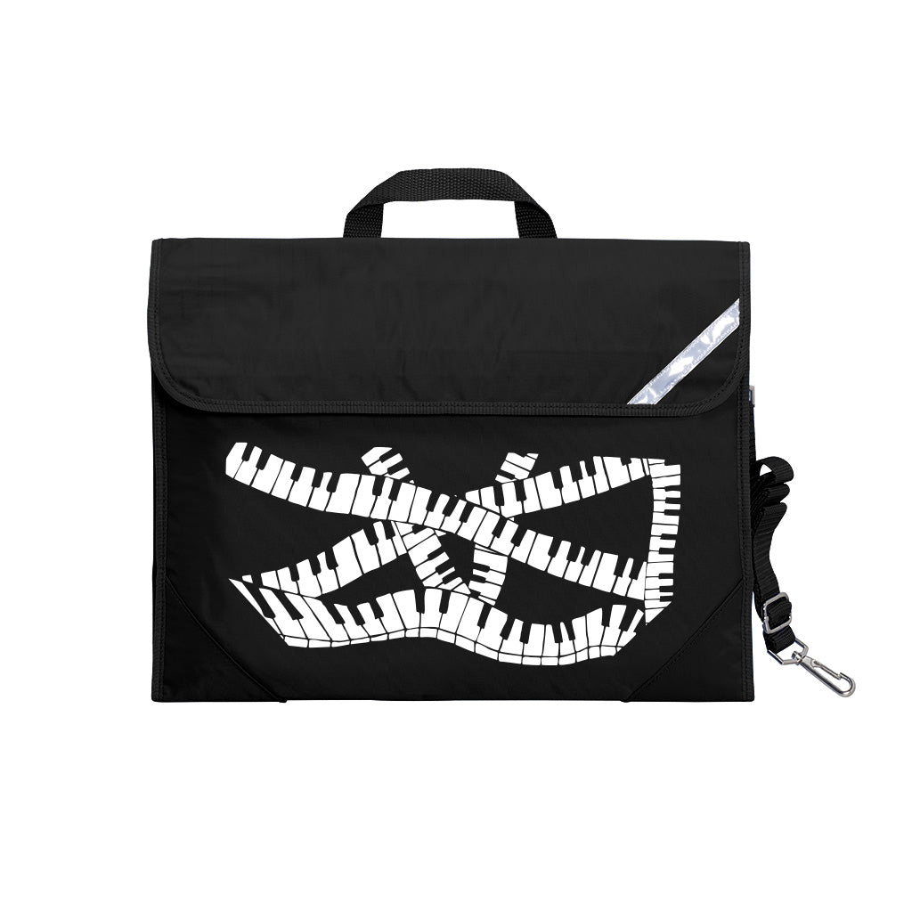 Harlequin Quartet Keyboard Music bag in Black displaying carry handle, velcro opening, shoulder strap, reflector safety strip, reinforced corners, pre-printed with a Keyboard motif