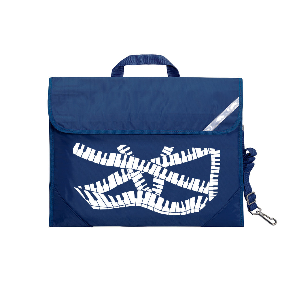 Harlequin Quartet Keyboard Music bag in Navy displaying carry handle, velcro opening, shoulder strap, reflector safety strip, reinforced corners, pre-printed with a Keyboard motif