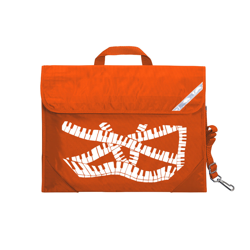 Harlequin Quartet Keyboard Music bag in Orange displaying carry handle, velcro opening, shoulder strap, reflector safety strip, reinforced corners, pre-printed with a Keyboard motif