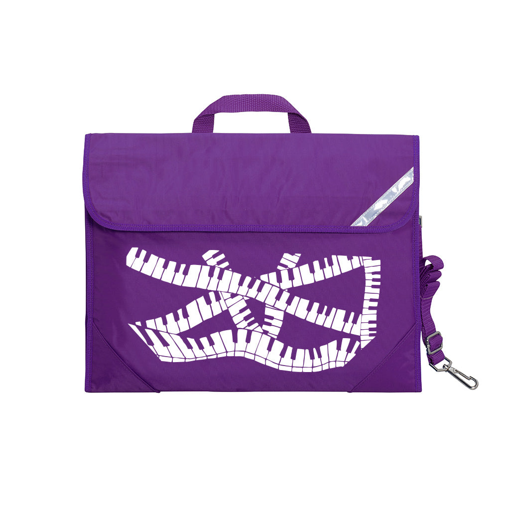 Harlequin Quartet Keyboard Music bag in Purple displaying carry handle, velcro opening, shoulder strap, reflector safety strip, reinforced corners, pre-printed with a Keyboard motif