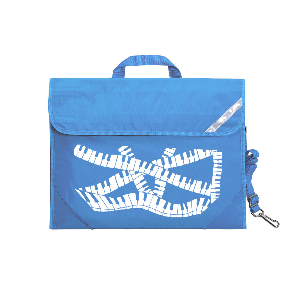Harlequin Quartet Keyboard Music bag in Sky blue displaying carry handle, velcro opening, shoulder strap, reflector safety strip, reinforced corners, pre-printed with a Keyboard motif