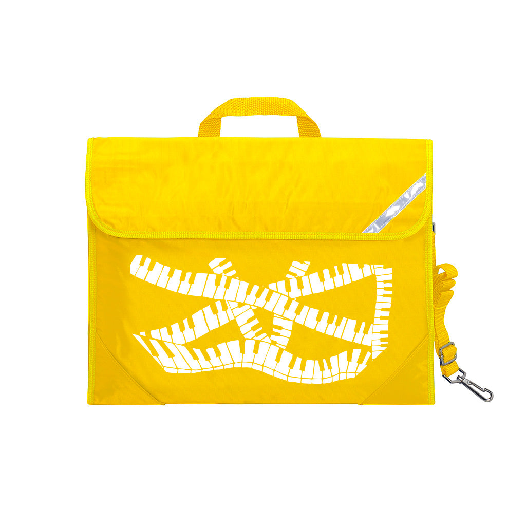 Harlequin Quartet Keyboard Music bag in Yellow displaying carry handle, velcro opening, shoulder strap, reflector safety strip, reinforced corners, pre-printed with a Keyboard motif
