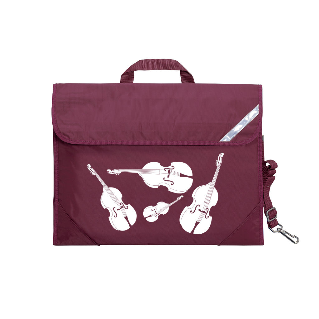 Harlequin Quartet String Music bag in maroon displaying carry handle, velcro opening, shoulder strap, reflector safety strip, reinforced corners, pre-printed with a String motif