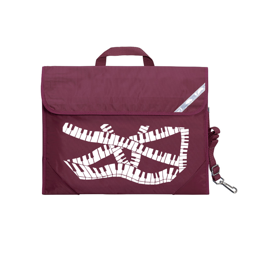 Harlequin Quartet Keyboard Music bag in Maroon displaying carry handle, velcro opening, shoulder strap, reflector safety strip, reinforced corners, pre-printed with a Keyboard motif
