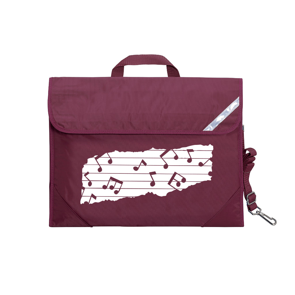 Harlequin Quartet Melody Music bag in Maroon displaying carry handle, velcro opening, shoulder strap, reflector safety strip, reinforced corners, pre-printed with a Melody motif