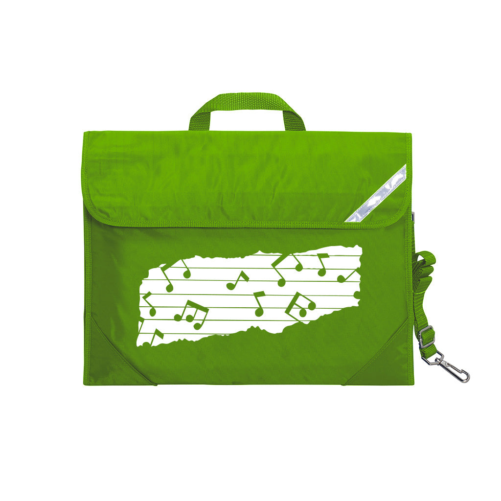 Harlequin Quartet Melody Music bag in Apple Green displaying carry handle, velcro opening, shoulder strap, reflector safety strip, reinforced corners, pre-printed with a Melody motif
