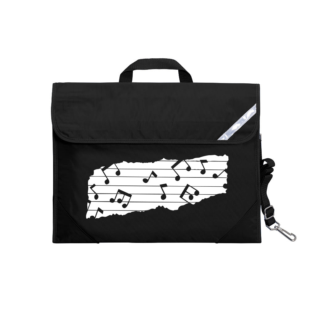 Harlequin Quartet Melody Music bag in Black displaying carry handle, velcro opening, shoulder strap, reflector safety strip, reinforced corners, pre-printed with a Melody motif
