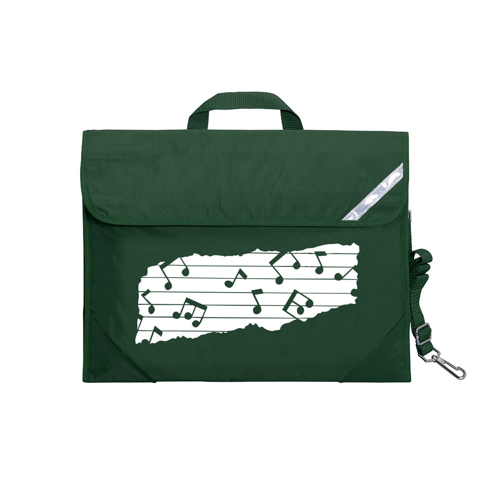 Harlequin Quartet Melody Music bag in Green displaying carry handle, velcro opening, shoulder strap, reflector safety strip, reinforced corners, pre-printed with a Melody motif