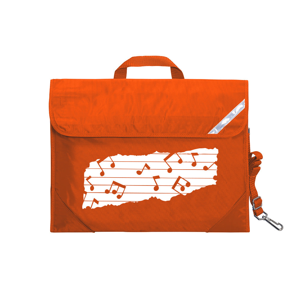 Harlequin Quartet Melody Music bag in Orange displaying carry handle, velcro opening, shoulder strap, reflector safety strip, reinforced corners, pre-printed with a Melody motif