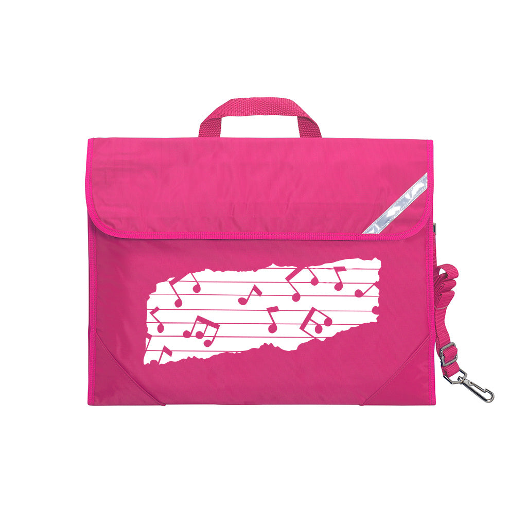 Harlequin Quartet Melody Music bag in Hot pink displaying carry handle, velcro opening, shoulder strap, reflector safety strip, reinforced corners, pre-printed with a Melody motif