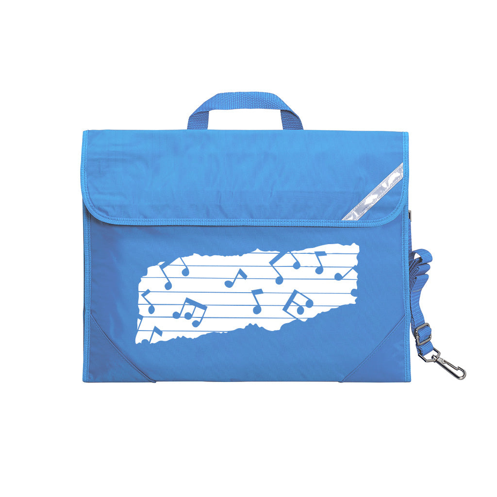 Harlequin Quartet Melody Music bag in Sky blue displaying carry handle, velcro opening, shoulder strap, reflector safety strip, reinforced corners, pre-printed with a Melody motif