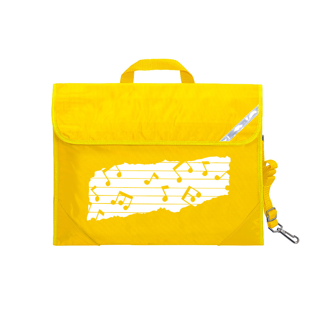 Harlequin Quartet Melody Music bag in Yellow displaying carry handle, velcro opening, shoulder strap, reflector safety strip, reinforced corners, pre-printed with a Melody motif