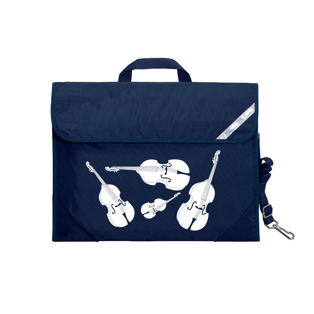Harlequin Quartet String Music bag in Navy displaying carry handle, velcro opening, shoulder strap, reflector safety strip, reinforced corners, pre-printed with a String motif