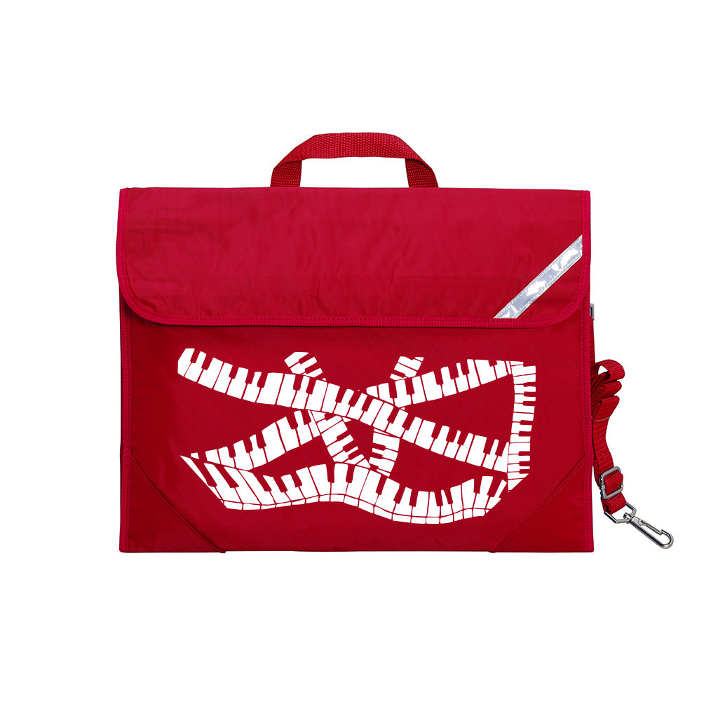 Harlequin Quartet Keyboard Music bag in Red displaying carry handle, velcro opening, shoulder strap, reflector safety strip, reinforced corners, pre-printed with a Keyboard motif