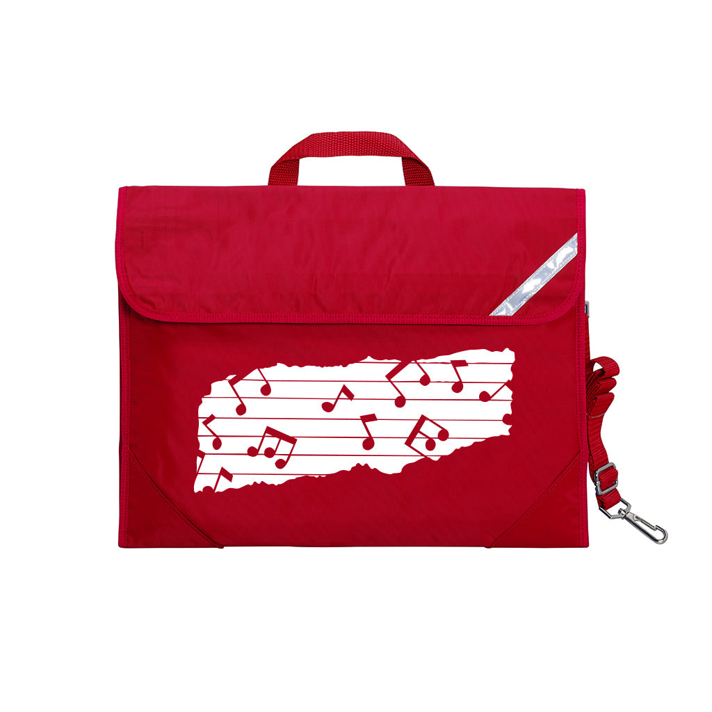 Harlequin Quartet Melody Music bag in Red displaying carry handle, velcro opening, shoulder strap, reflector safety strip, reinforced corners, pre-printed with a Melody motif