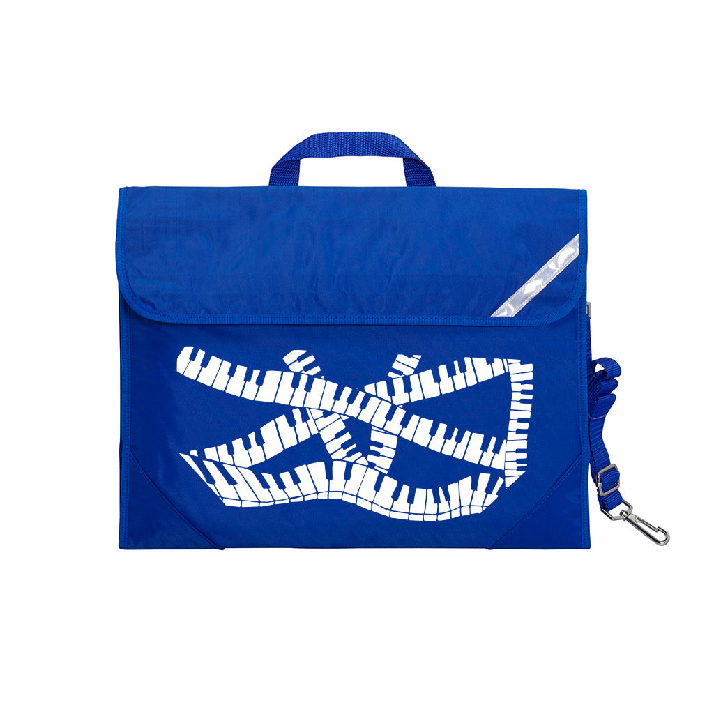 Harlequin Quartet Keyboard Music bag in Royal displaying carry handle, velcro opening, shoulder strap, reflector safety strip, reinforced corners, pre-printed with a Keyboard motif