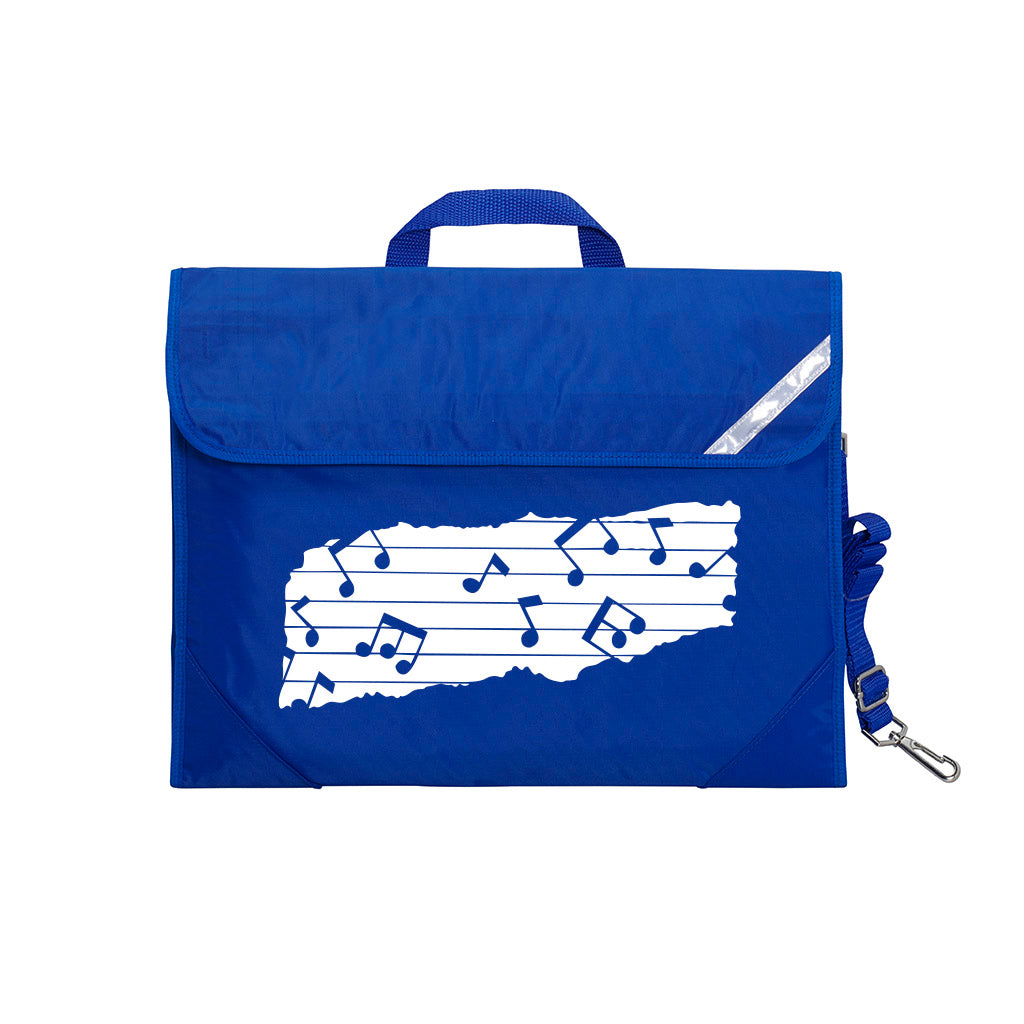 Harlequin Quartet Melody Music bag in Royal blue displaying carry handle, velcro opening, shoulder strap, reflector safety strip, reinforced corners, pre-printed with a Melody motif