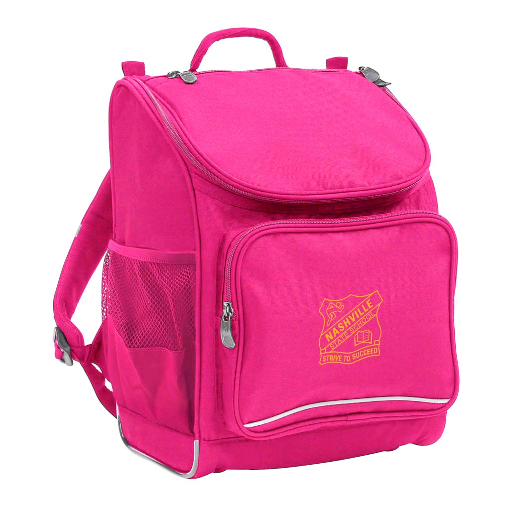 Mighty backpack in colour pink, front side angle displaying carry handle, padded shoulder straps, top zipper compartment, front zipper pocket and mesh water bottle holder with Nashville State School logo