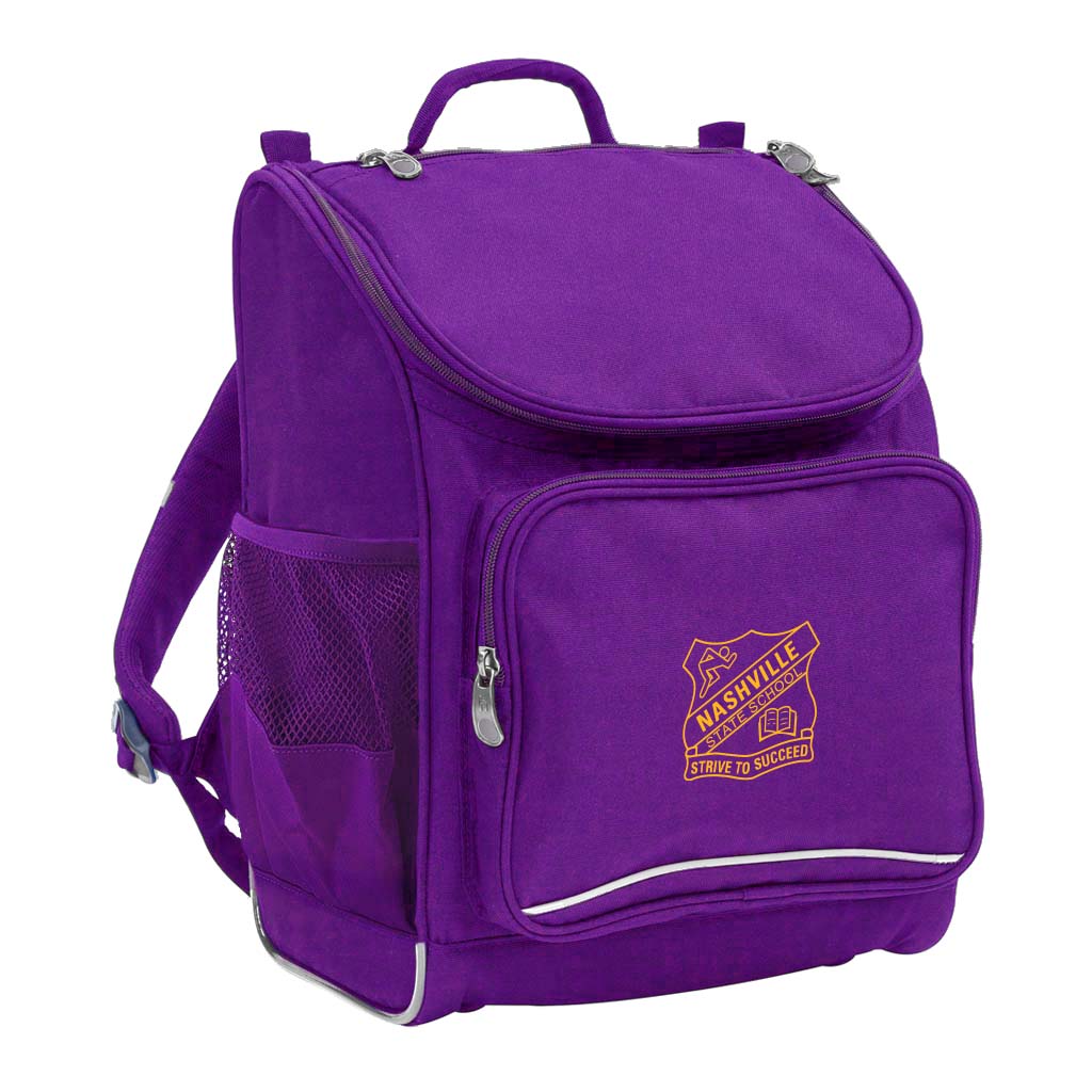Mighty backpack in colour purple, front side angle displaying carry handle, padded shoulder straps, top zipper compartment, front zipper pocket and mesh water bottle holder with Nashville State School logo