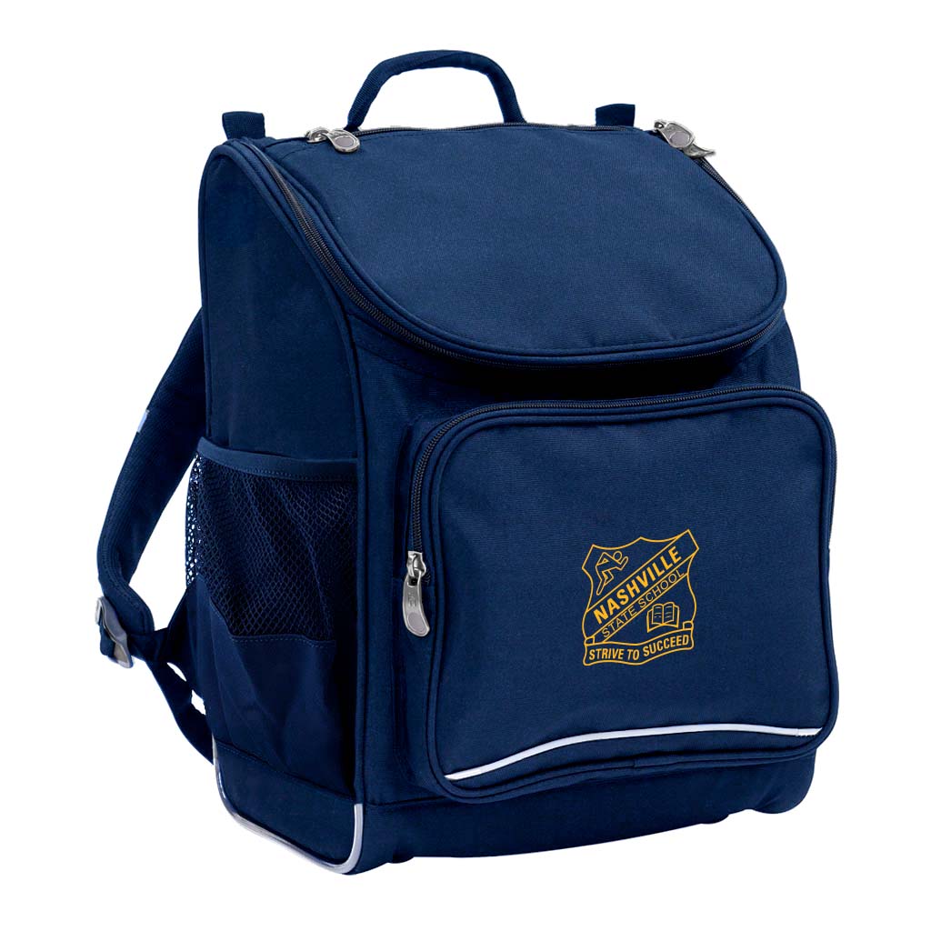 Mighty backpack in colour navy, front side angle displaying carry handle, padded shoulder straps, top zipper compartment, front zipper pocket and mesh water bottle holder with Nashville State School logo