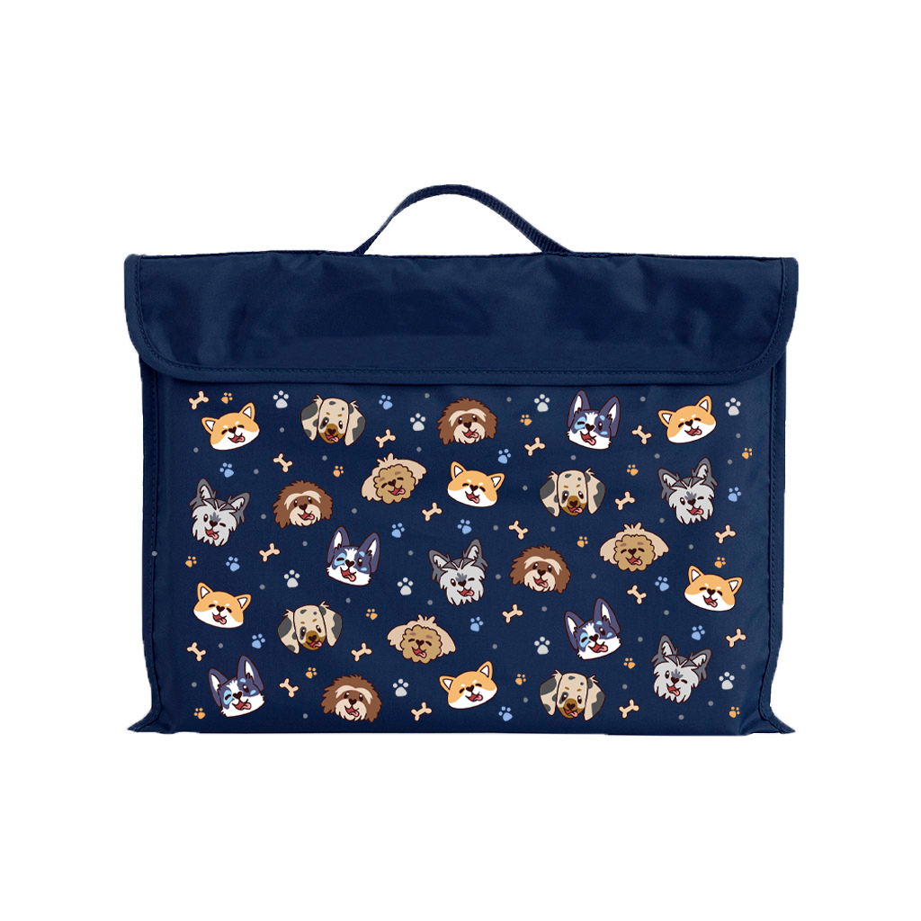 Harlequin Eco Library bag in Navy with Puppy Pals design from the Harlequin Creatix Signature Series. Front view displaying carry handle, velcro flap opening, and PET recycled water repellent fabric.