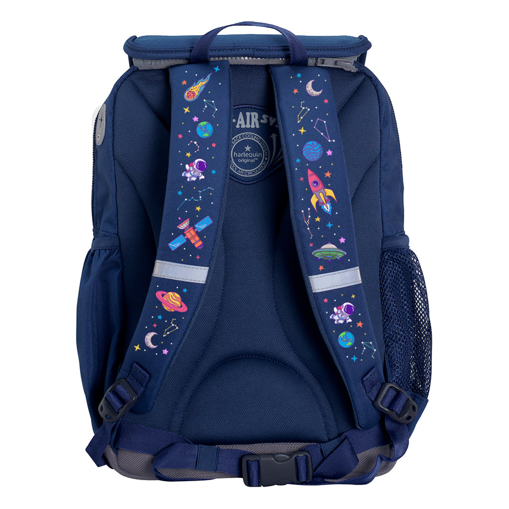 Harlequin Ergo Tuff-Pack backpack in Navy with Galaxy Girl design from the Harlequin Creatix signature series. Back view showcasing the Anatomic back panel, padded shoulder straps and waist strap.
